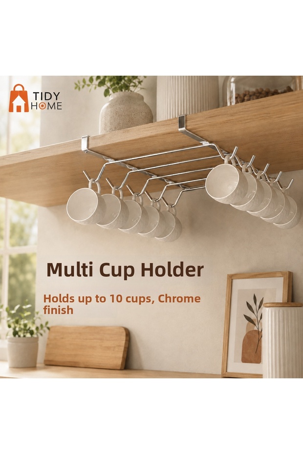 10-Hook Chrome Cup and Mug Hanger – Screwless under Shelf Cup Organizer for Inside Cabinet