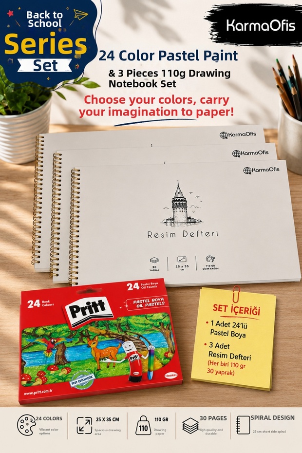 24 Color Crayons and 25X35 cm 110 Gr Spiral Drawing Notebook Set – 3 Notebooks with Options