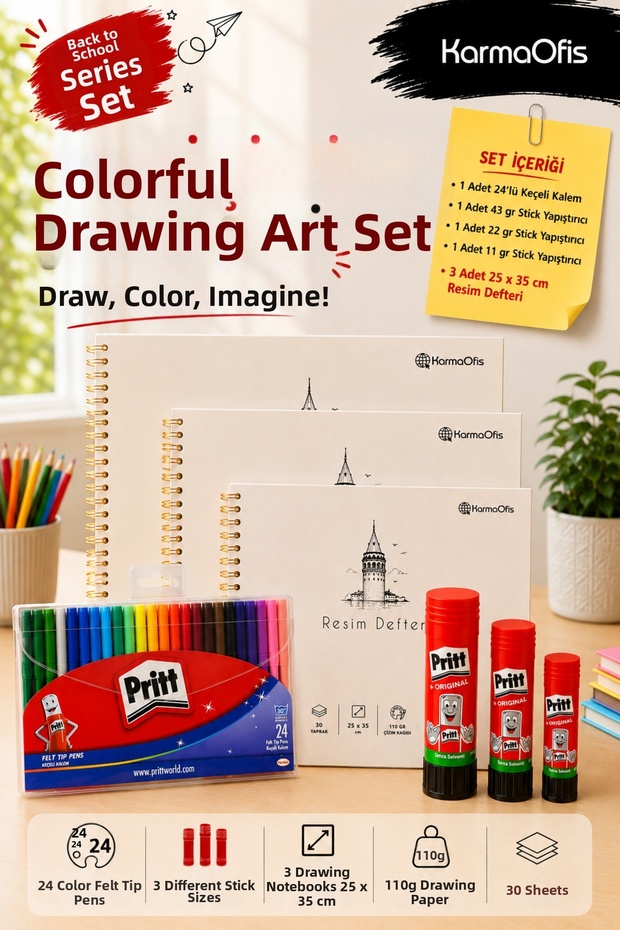 24 Colors of Felt-Tip Paint + 3 Different Weighted Stick Adhesives + 3 Pieces of 110 Gr 25X35 cm Drawing Pads
