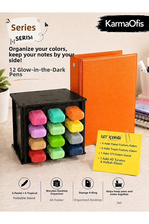 12-Piece Highlighter Pen Set + Wooden Desktop Stand + A5 4-Ring Orange Folder | | 6 Pastel + 6 Tropik Pencils