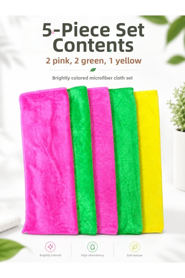 5-Piece Special Series Microfiber Pink, Green, Yellow Color Shiny Floor Cloth Medium Size 40*40 cm