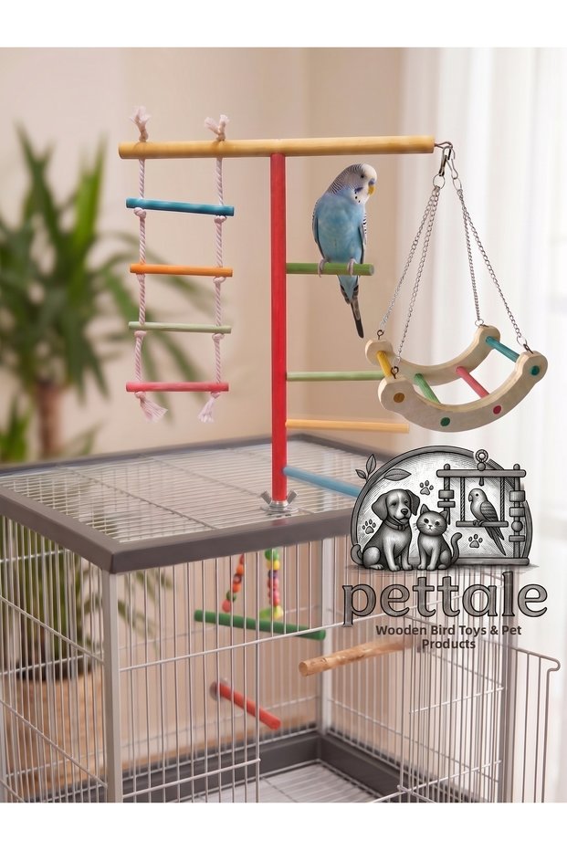 Wooden Bird Playpen Stand - Perch with Ladder and Swing, Screw-On Cage Top
