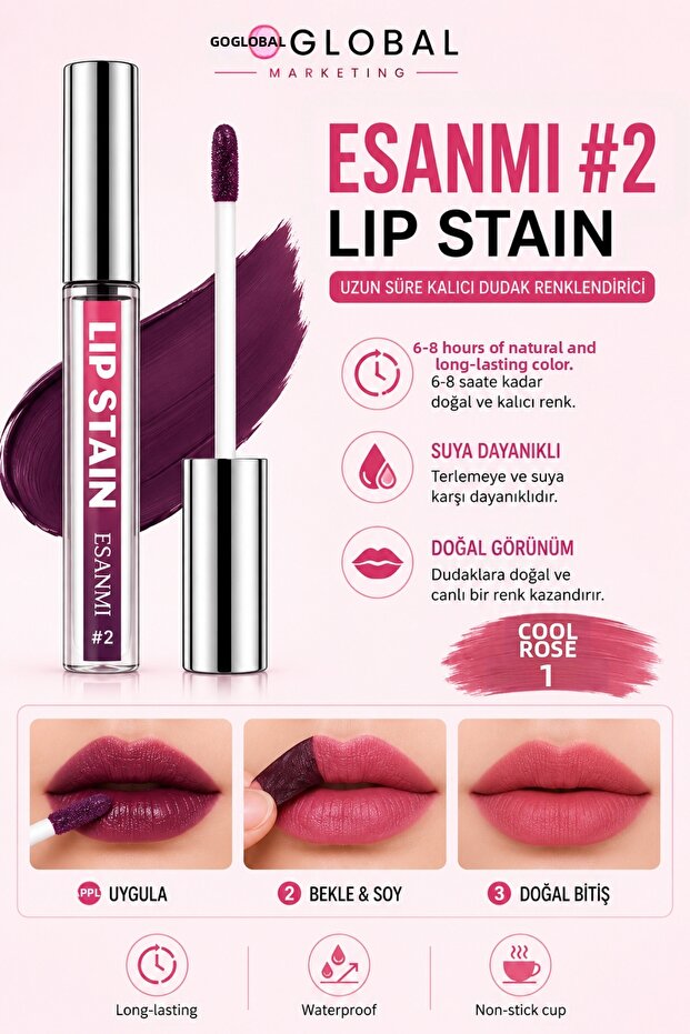 Esanmi Lip Stain # 2 Cool Rose Peel-Off Permanent Lip Colorant – Non-Smudge Peel Off Lip