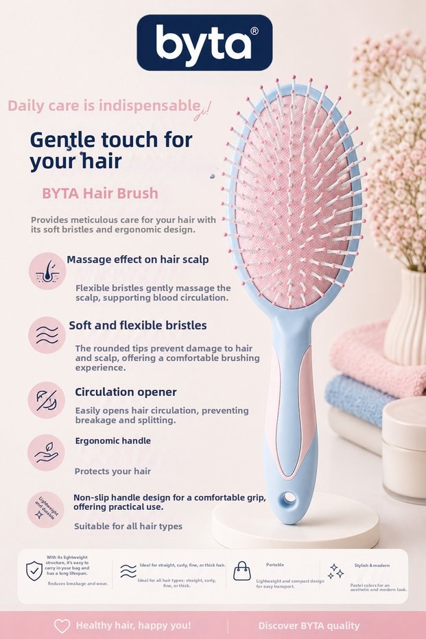 Professional Hair Lightening Brush – Ergonomic Hair Comb with Soft Flexible Tip, Effective for Scalp Massage