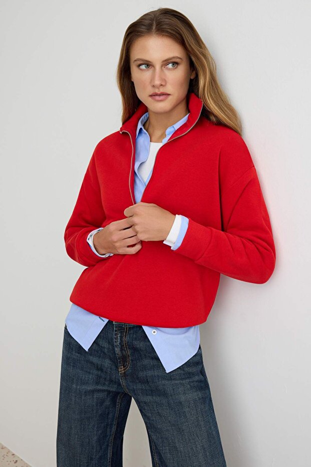 Kırmızı Kalın İçi Polarlı Fermuarlı Dik Yaka Oversize/Geniş Kesim Örme Sweatshirt TWOAW27SW00078