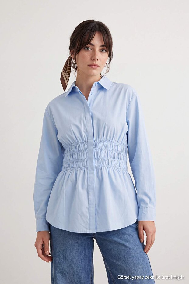 Açık Mavi Fitted Beli Gipeli Dokuma Gömlek TCTAW27TG00016