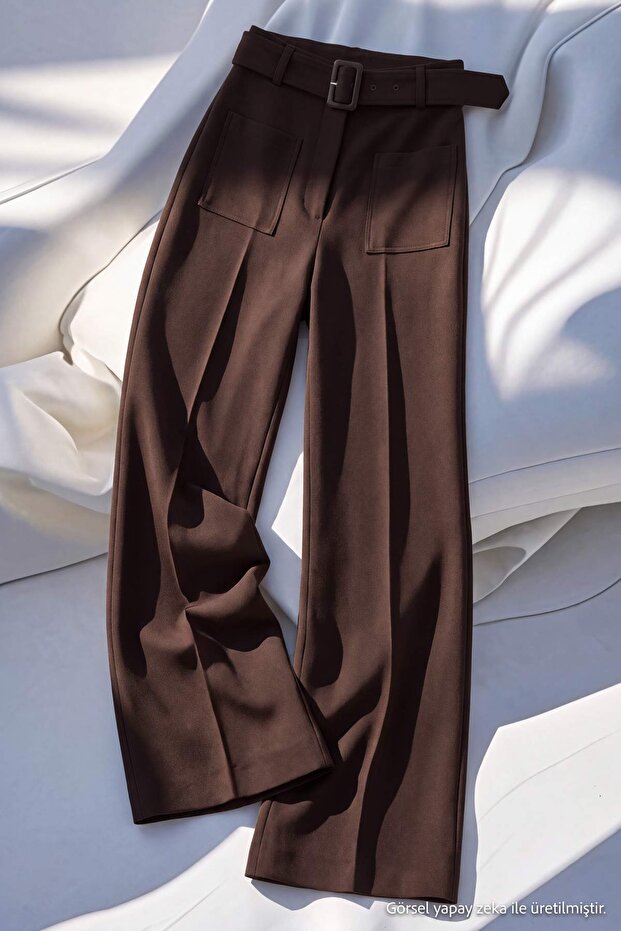 Kahverengi Cep ve Kemer Detaylı Wide Leg/Geniş Paça Kumaş Pantolon TWOAW27PL00065