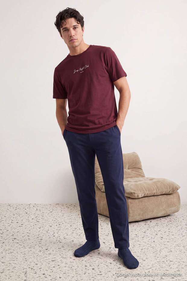 Burgundy - Navy Blue Regular Fit Slogan Printed Knitted Pajama Set Tmnaw27Pt00015