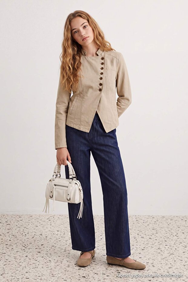Koyu Mavi Beli Lastikli Yüksek Bel Wide Leg Jeans TWOAW27JE00215