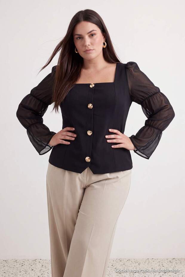 Black Woven Sleeves Tulle Buttoned Plus Size Blouse Tbbaw27Af00008