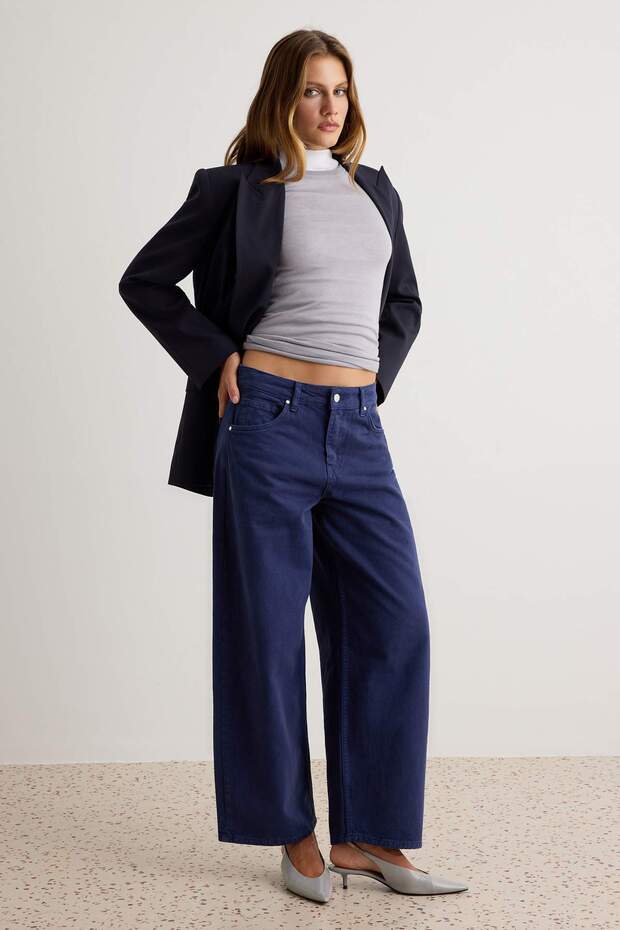 Koyu Mavi DÖKÜMLÜ Yüksek Bel Barrel Jeans TWOAW27JE00147