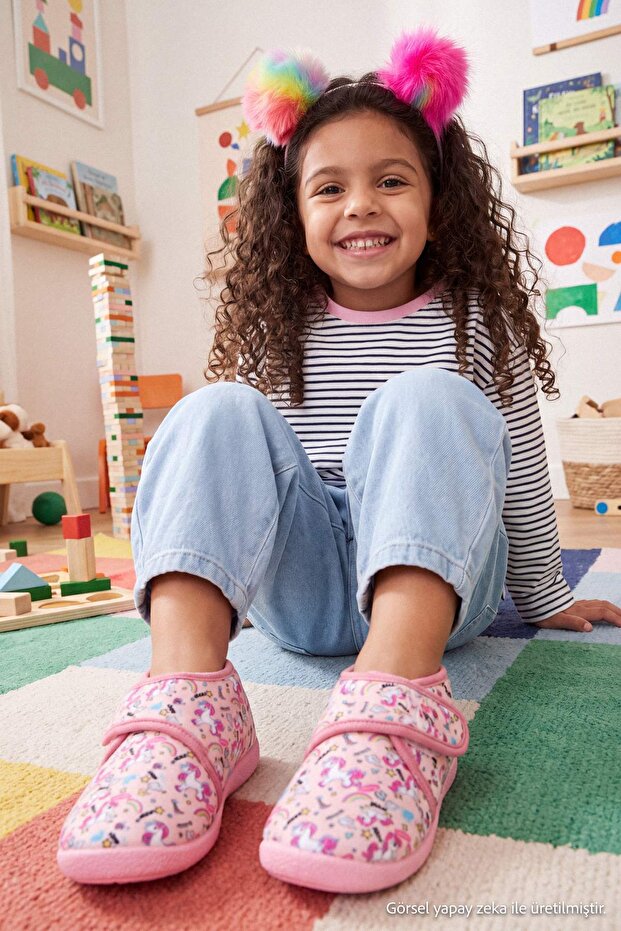 Pink Unicorn Printed Girls' Slippers Takaw27Er00004