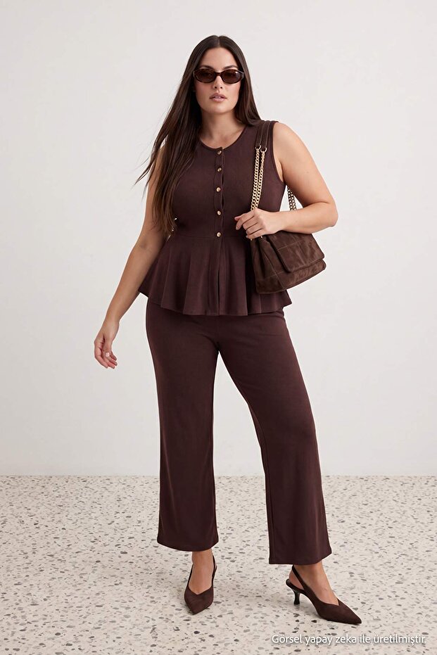 Kahverengi Selanik Düğmeli Belden Açılan Wide Leg/Palazzo Alt Örme Alt - Üst Takım TBBAW27CP00010