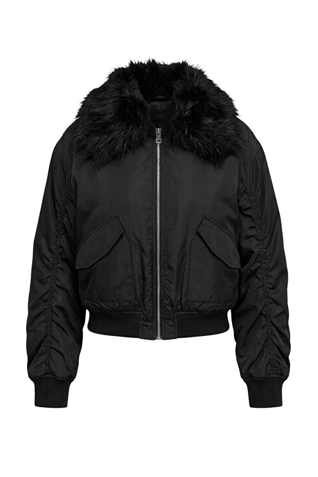 Black Oversize Fur Collared Short Bomber Coat Twoaw27Mo00111
