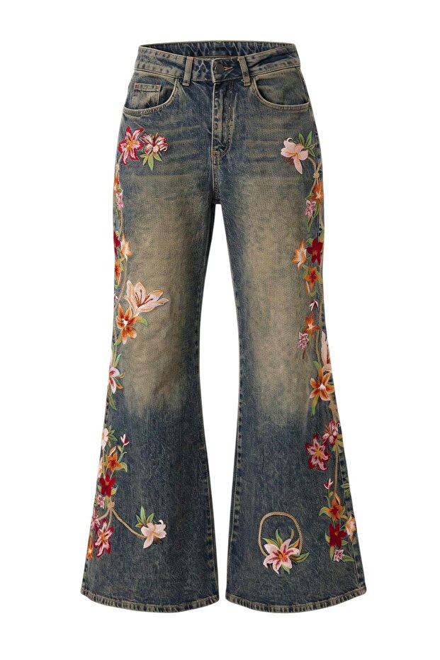 Mavi Yüksek Bel Ekstra Wide Leg Çiçek Nakış İşlemeli Desenli Jeans TWOAW27JE00274