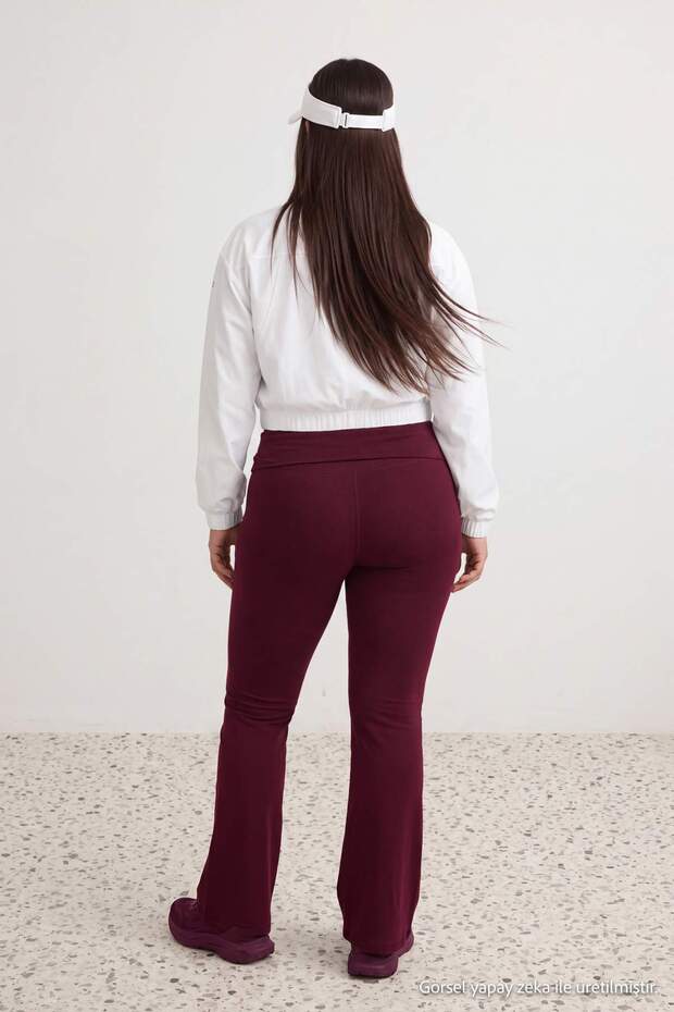 Bordo Fırçalı Soft Kumaş Bel Katlama Detaylı Flare/İspanyol Paça Yoga Örme Spor Tayt TBBAW27BV00006