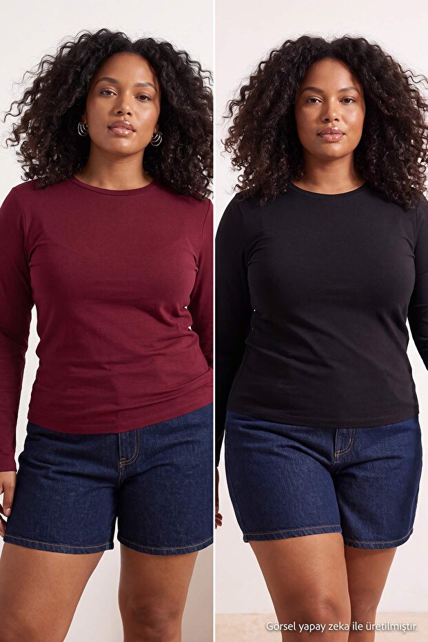 Black-Claret Red Viscose Draped Soft Buttoned Knitted Plus Size Blouse Tbbss26Af00011