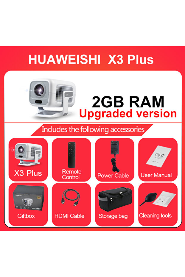 جهاز عرض هواوي X3 PLUS 4K محمول بنظام أندرويد، ذاكرة وصول عشوائي 2 جيجابايت، دقة 1080P، 600ANSI، تركيز تلقائي، قابس أوروبي V