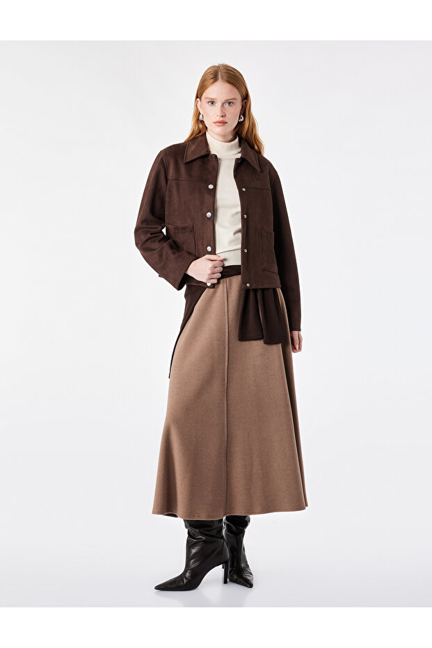 Comfortable Cut Flounce Midi Skirt with Stitching Detail