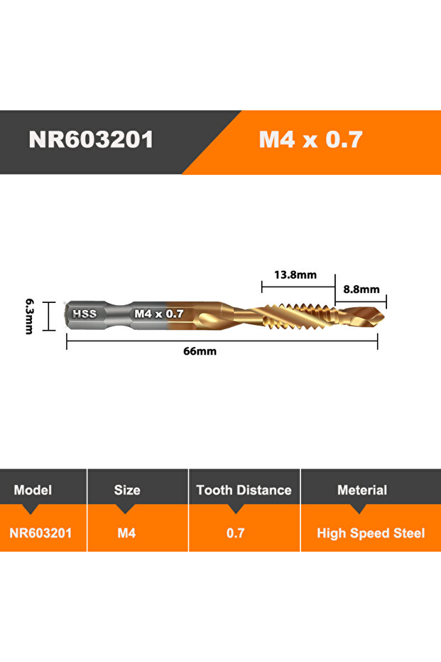 NR603201 M4 AMR سداسي الساق مطلي بالتيتانيوم HSS لولبي متري مثقاب آلة لولبية