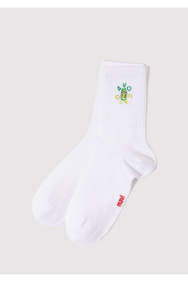 Avocado Embroidered White Socks. 1913253-620