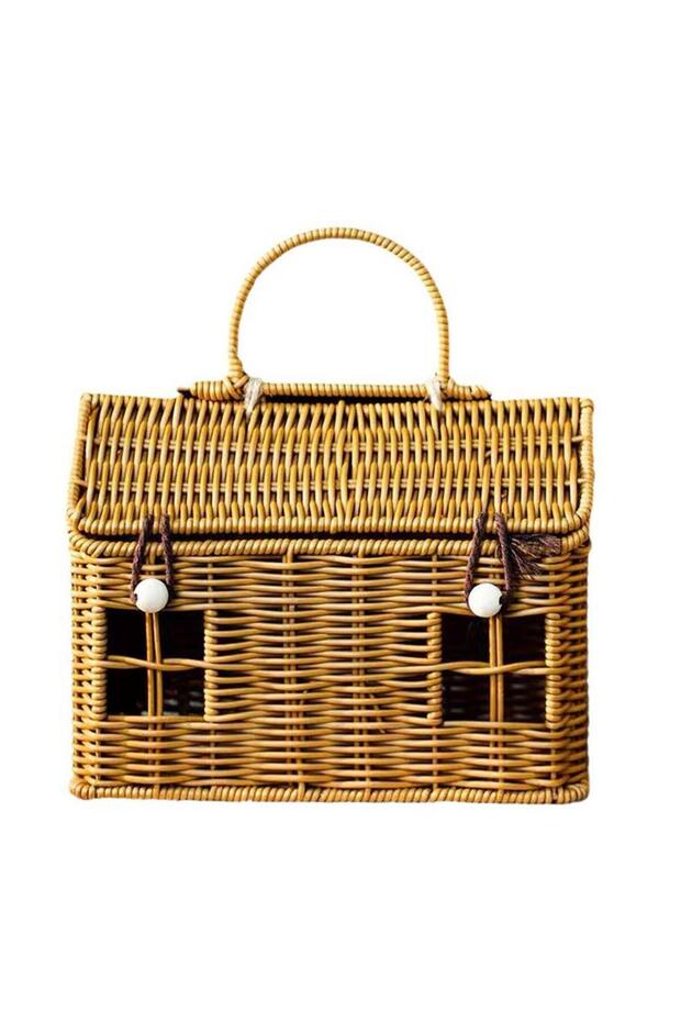 A Rattan House Shaped Basket With Lid, Decorative Hand Handle, With Harvest Basket Folding Woven .
