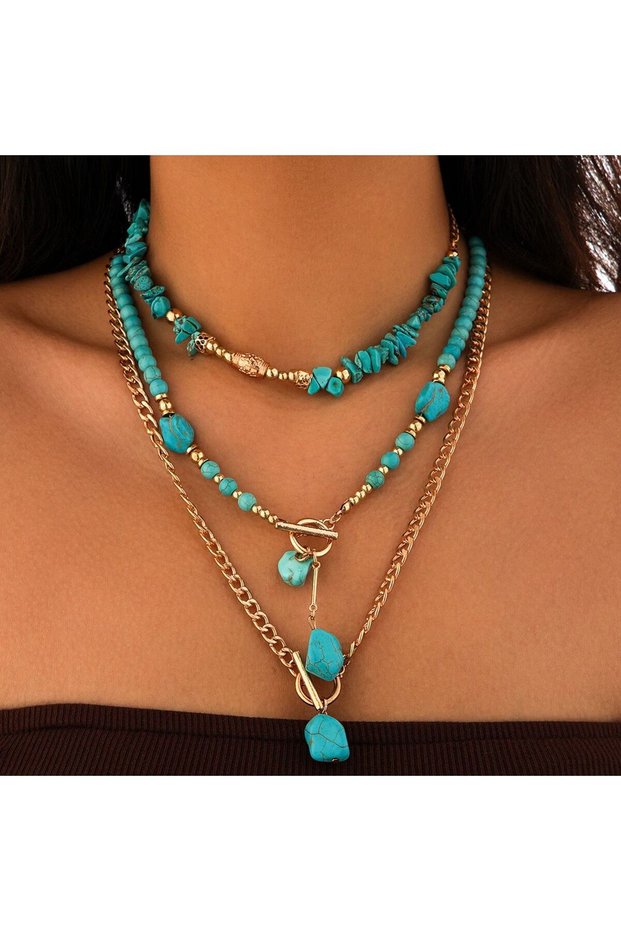Set 01 SHIXIN 3Pcs/Set Vintage Blue Stone Pendant Necklace for Women Bohemian Beads Chain Choker Dai