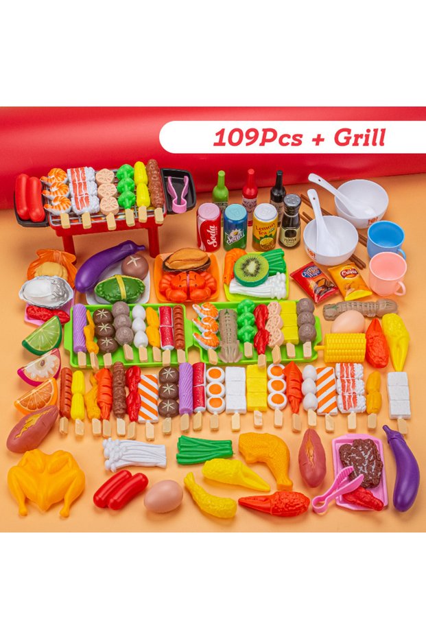 109 Pcs and Grill Mini Kitchen Pretend Play Toys Barbecue Set Children's Cooking Simulation Food Mul