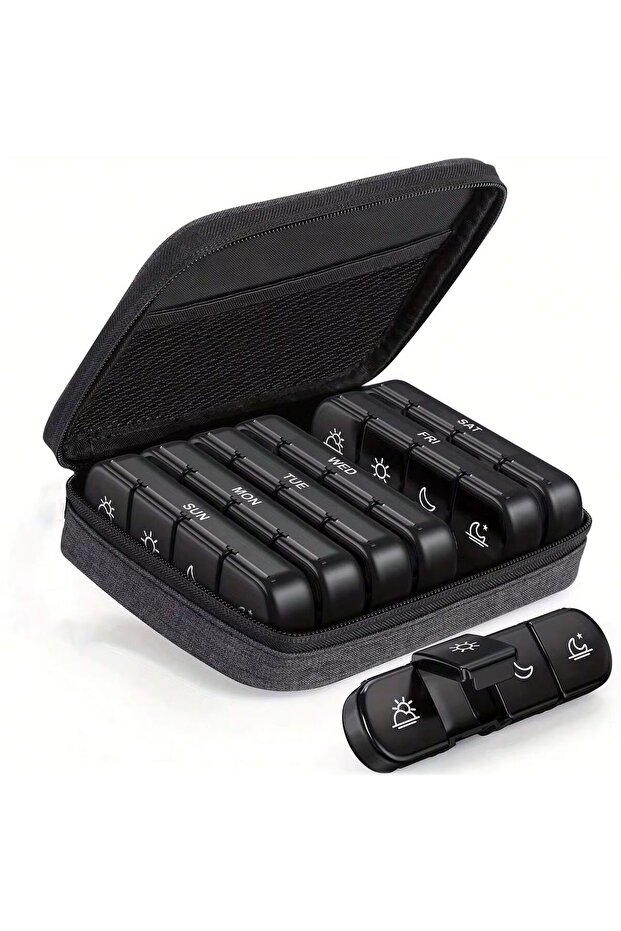 black Weekly Pill Organizer 4 Times a Day with a Business Stylish Bag, Portable Pill Box 7 Day with