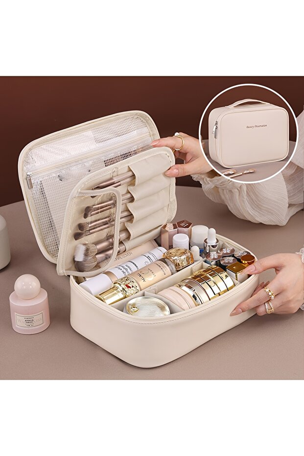 WHITE PU Leather Double Layer Makeup Bag Large Capacity Cosmetic Bags Luxury Cosmetics Organizer Wom