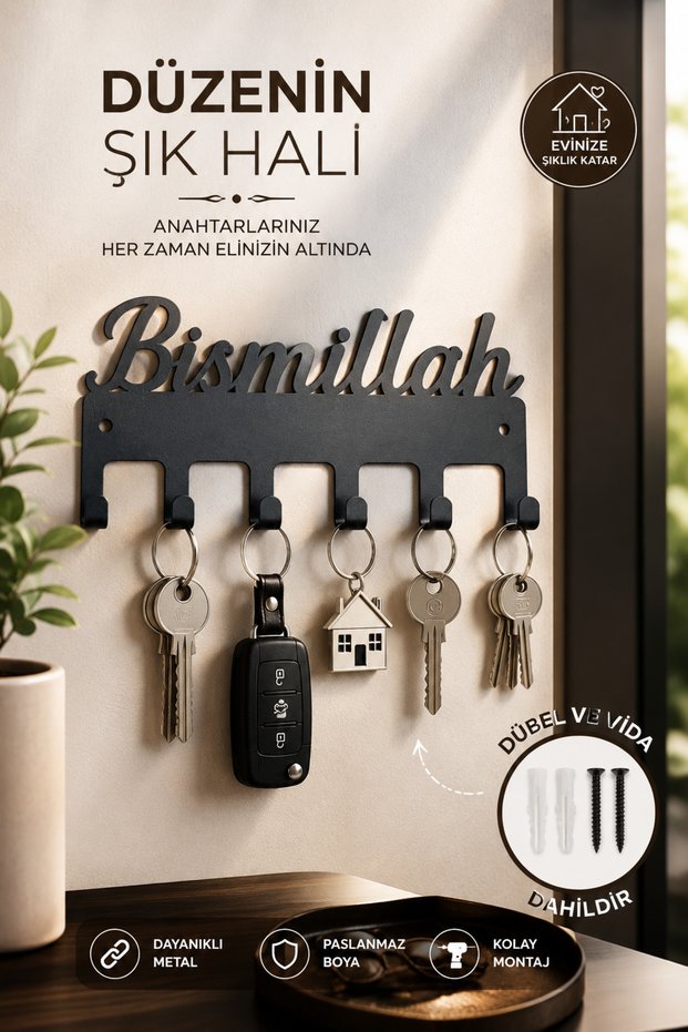 Metal Black Motifed Bismi̇llah Decorative Written Hanging Sign with Hanger Metal Keychain Door Entry Hanger | | Key Hanger Wall Key Holder Rack Key Organizer Entrance Hall Decoration Key Collector