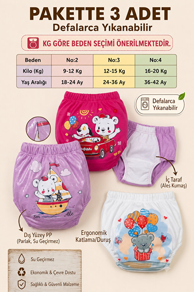 Washable Anti-Allergic Toilet Training Training Pants 3-Piece Set (Differences in Patterns May Occure)