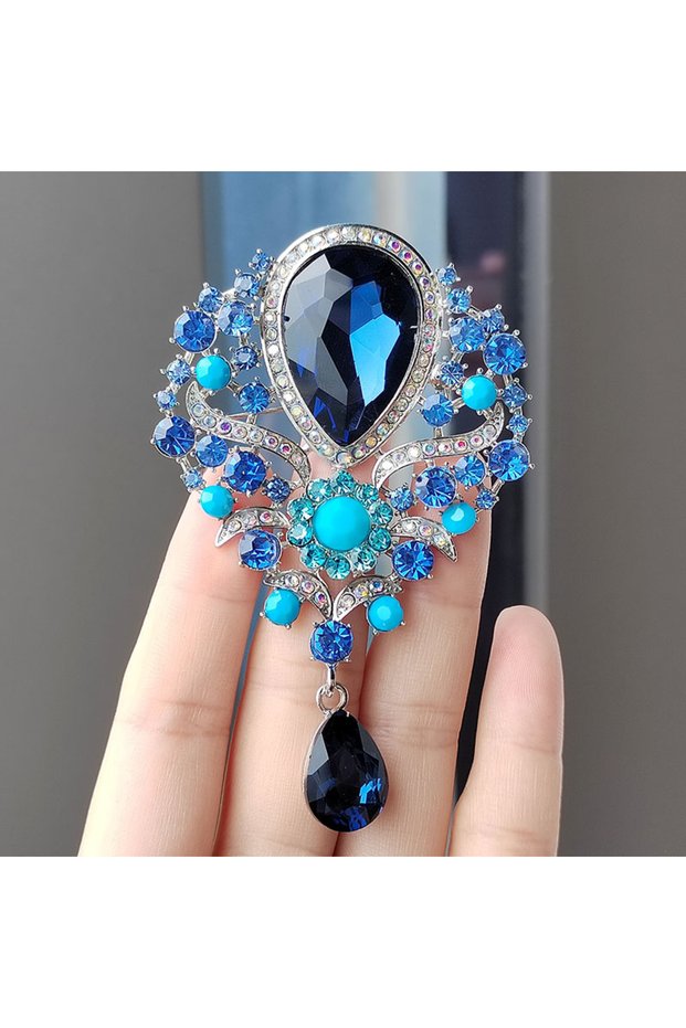 ZT8280-blue 1PC Women's Fashion Charm Full Diamond Crystal Drop Brooch Suitable for Outdoor Dating,