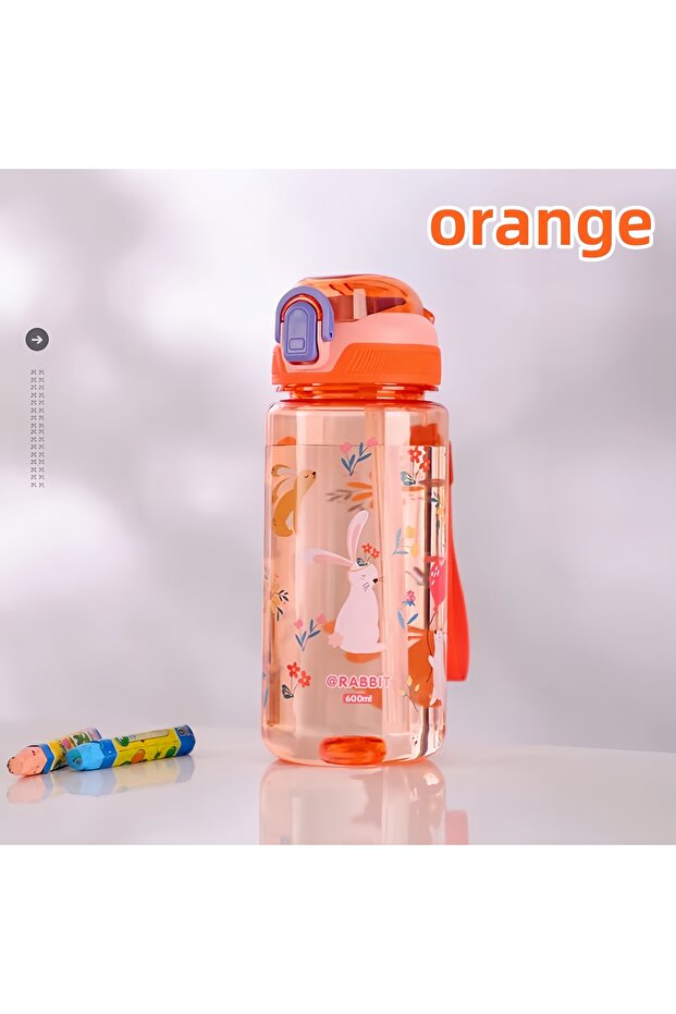 0.6L Orange 600ml Dinosaur Water Bottle For Kids Water Sippy Cup With Silicone Straw Leakproof Plast