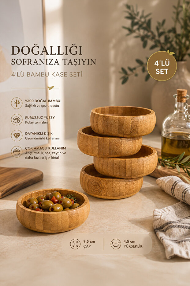 Snacks 4-Piece Round Bamboo Snack Bowl 9.5 cm