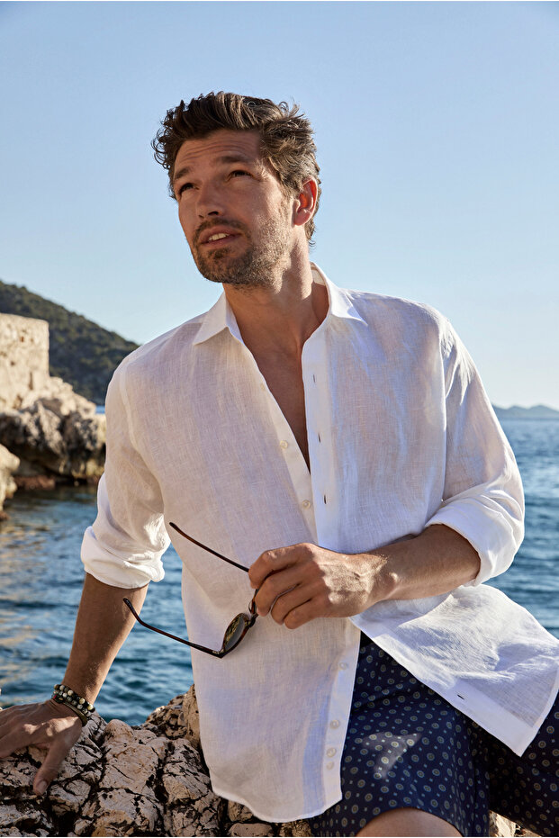 Long Sleeve Regular Fit Plain 100% Linen Shirt