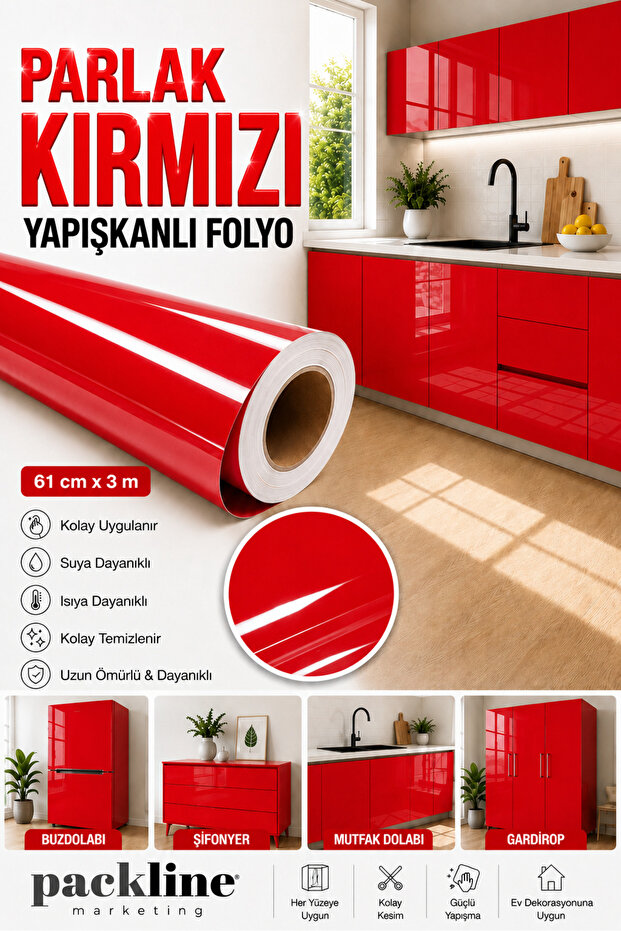 Bright Red Adhesive Foil for Kitchen Cabinets and Furniture Covering 61cm X 3m