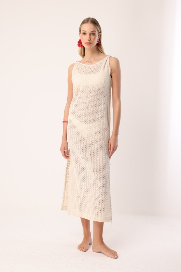 Openwork Knitted Strappy Ecru Women's Long Beach Dress – Alessia