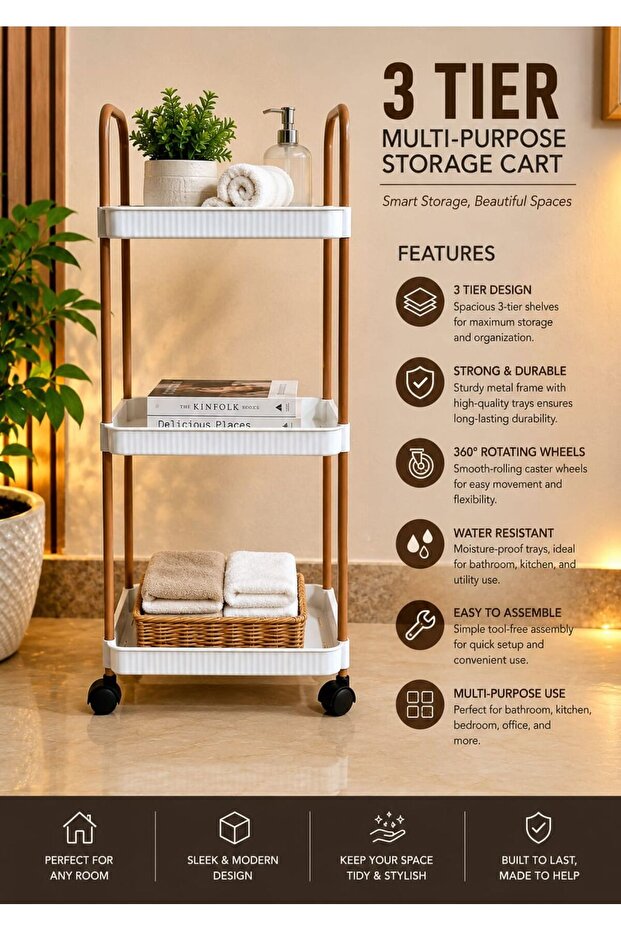 4-Tier Multi-Purpose Utility Storage Trolley with Wheels – Mobile Organizer Rack with Spacious Shelves, Handles & Guard Rails for Kitchen, Bathroom, Bedroom, Laundry Room & Office – White & Brown