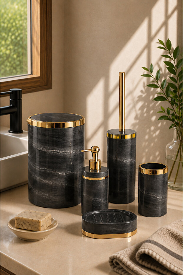 5 Piece Marble Pattern Bathroom Set / WC Brush Holder, Liquid - Solid Soap Dispenser, Trash Can, Toothbrush Holder
