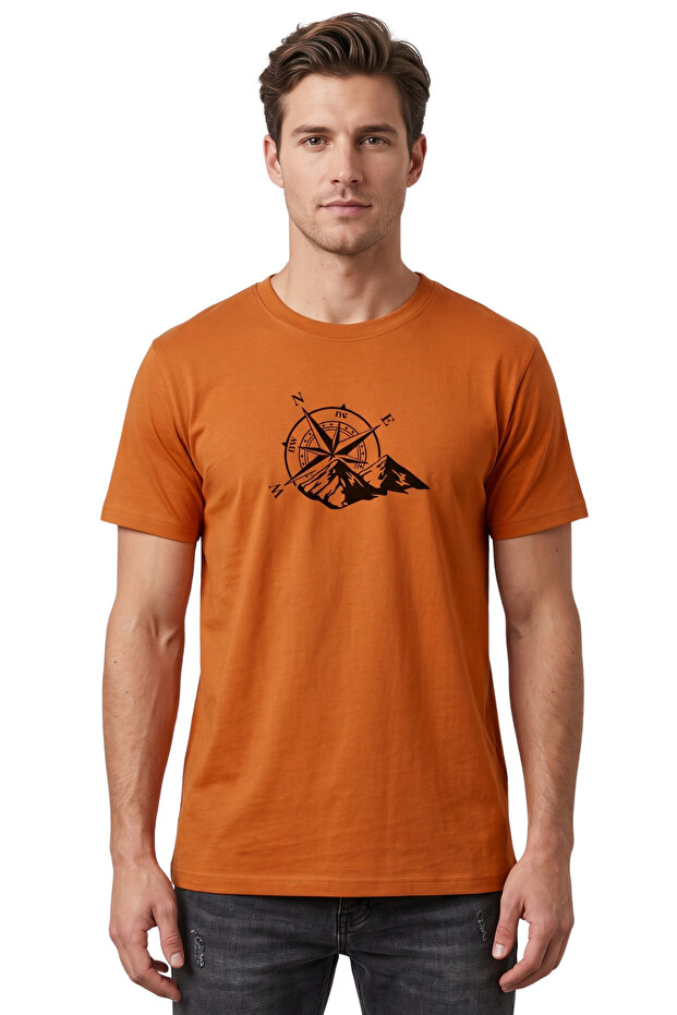Unisex Compass and Mountain Graphic Printed 100% Cotton Outdoor Design T-Shirt