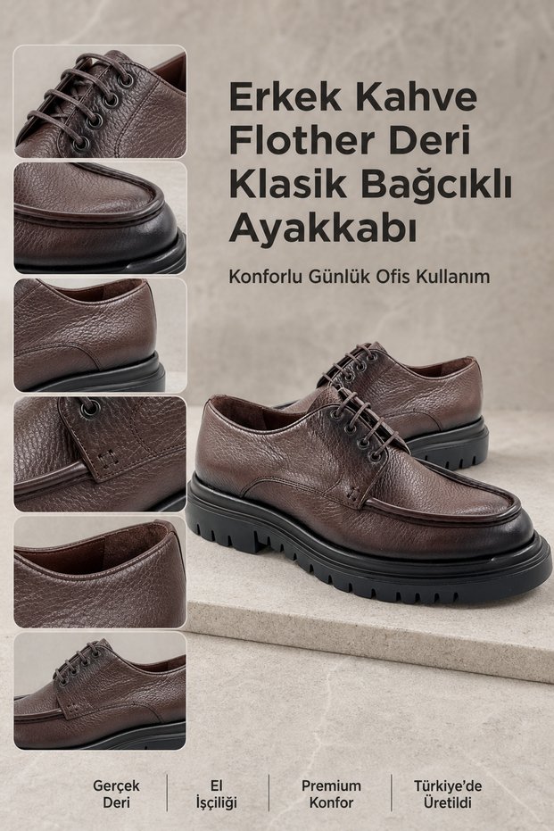 Men's Brown Flother Leather Classic Lace-Up Shoes Comfortable for Daily Office Use