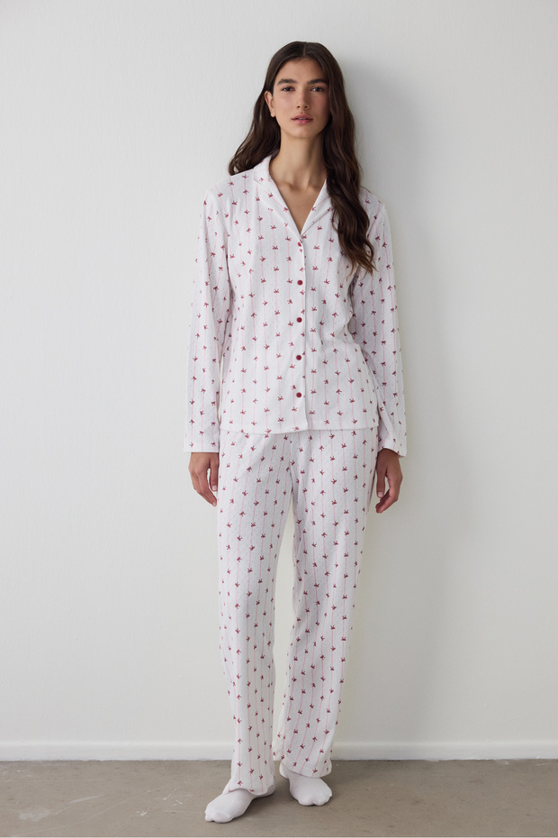 Off-White Bow Patterned Shirt Collar Long Sleeve Thermal Effect Pajama Set
