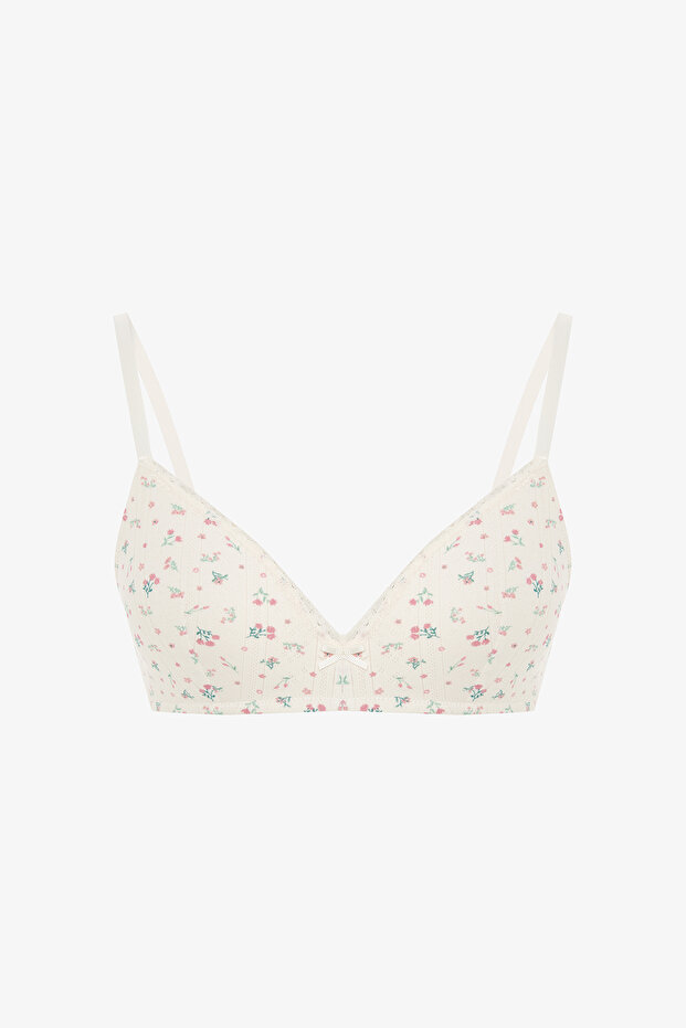 Ecru Comfy Cozy Printed Pointel Cotton Wire Free Bra