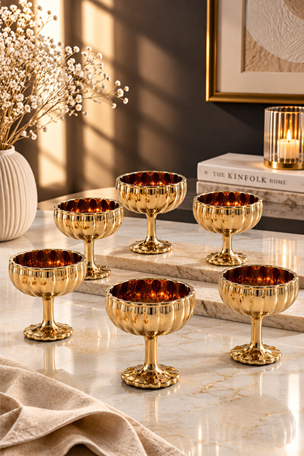 Set of 6 Gold Plated Glass Footed Coffee Bowls, Turkish Delight Bowls, Breakfast Bowls, Serving Bowls, Jam Bowls 50ml