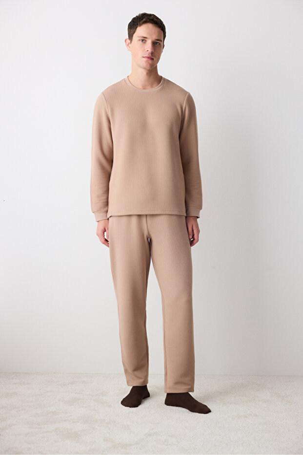 Men's Checker Beige Pants Pajama Set