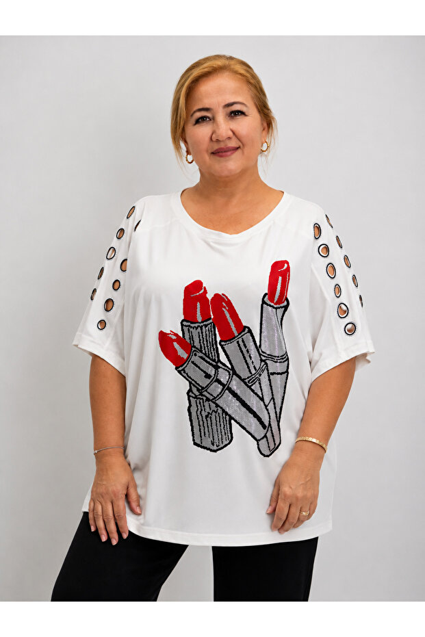 Plus Size Wide Collar Sleeves Stone Detailed Printed Stone Embroidered Short Sleeve Oversize Women's Blouse