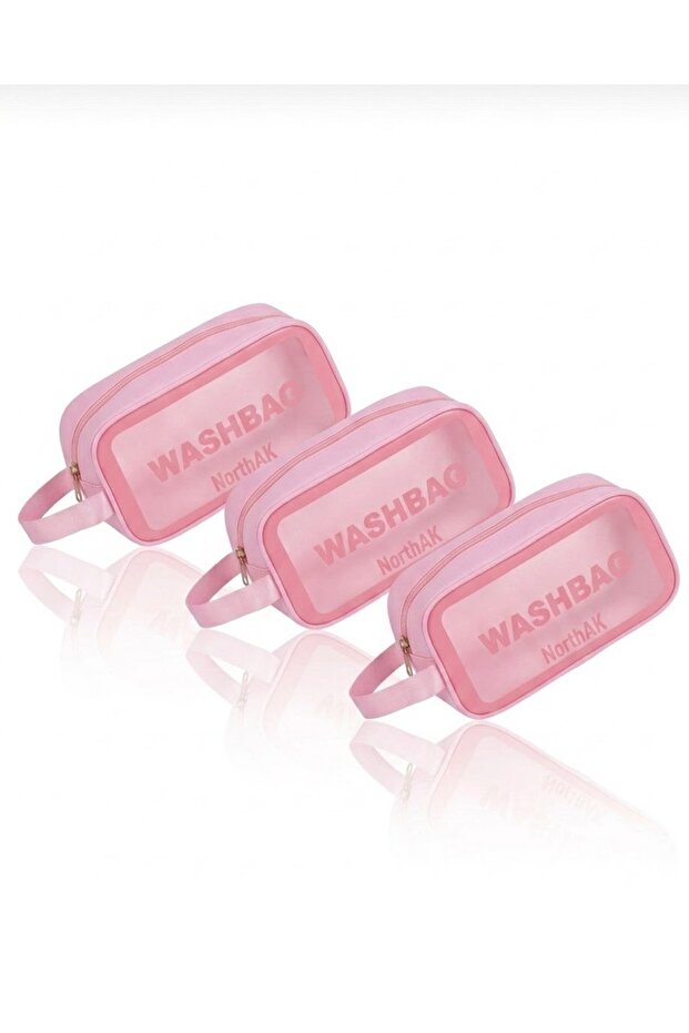 Transparent Travel Makeup Bag - 3-Piece Cosmetic and Makeup Bag Small Size Washbag Pink