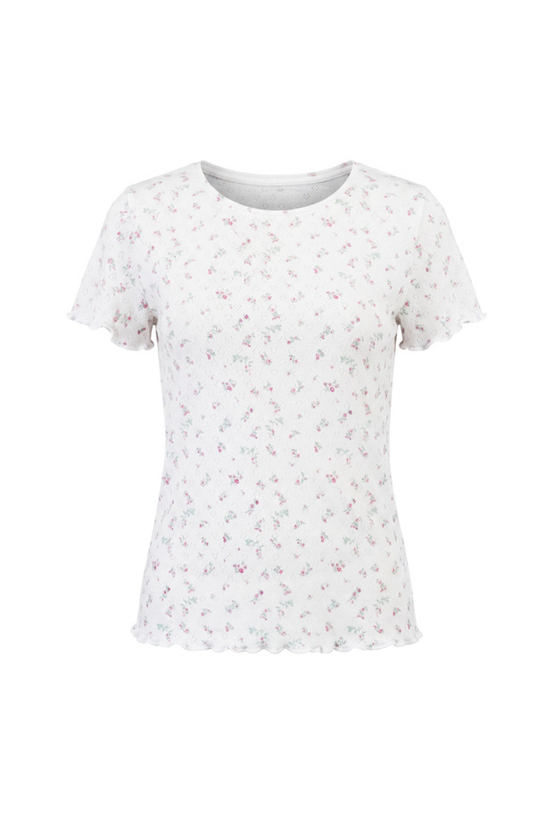 Women's Cotton Bundle, Dowry and Gift Box, Pointel Floral Patterned Ribbed Fabric Short Sleeve Tshirt Bb