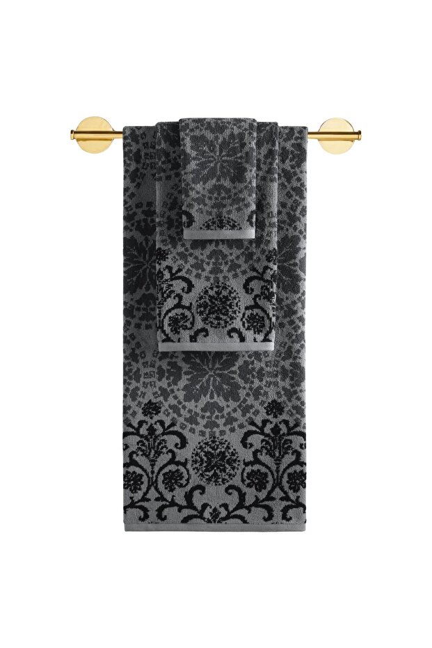 3-Piece Luxury Towel Set, 100% Cotton Jacquard Soft Absorbent Quick-Dry Bath Towel Set, Cherx, Mati̇lda Yarn Dyed 3-Piece Towel Set Anthracite